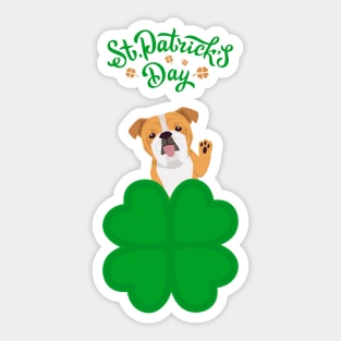 English Bulldog Dog behind Cloverleaf with St. Patrick's Day Sign Sticker